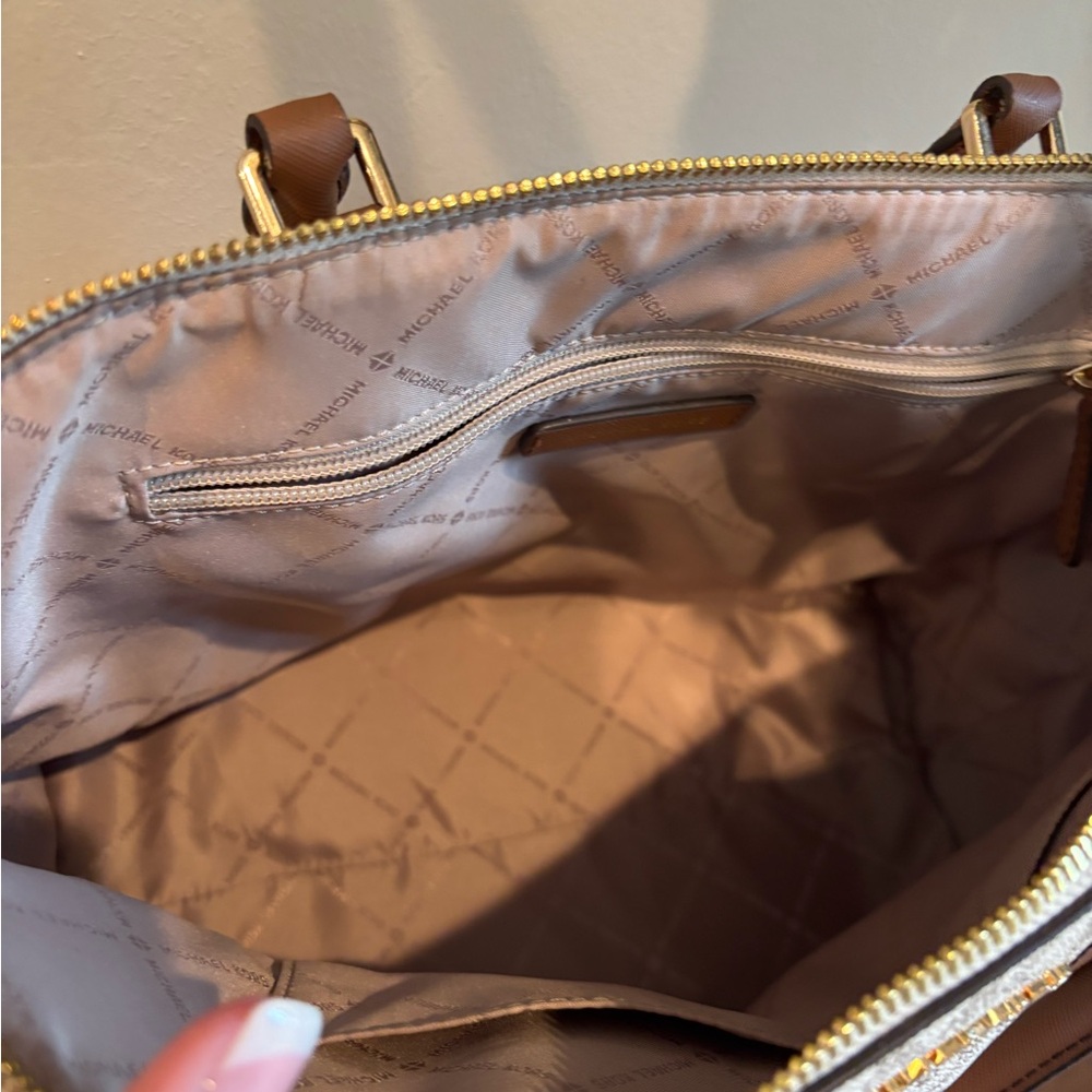 Michael Kors Brown & White MK Logo Satchel with Gold Accent - Picture 2 of 4